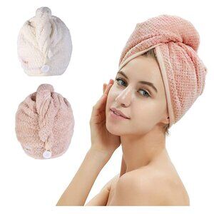 2 Pack Microfiber Hair Towel Wrap,Hair Drying Towel with Button, Towel Turban,He